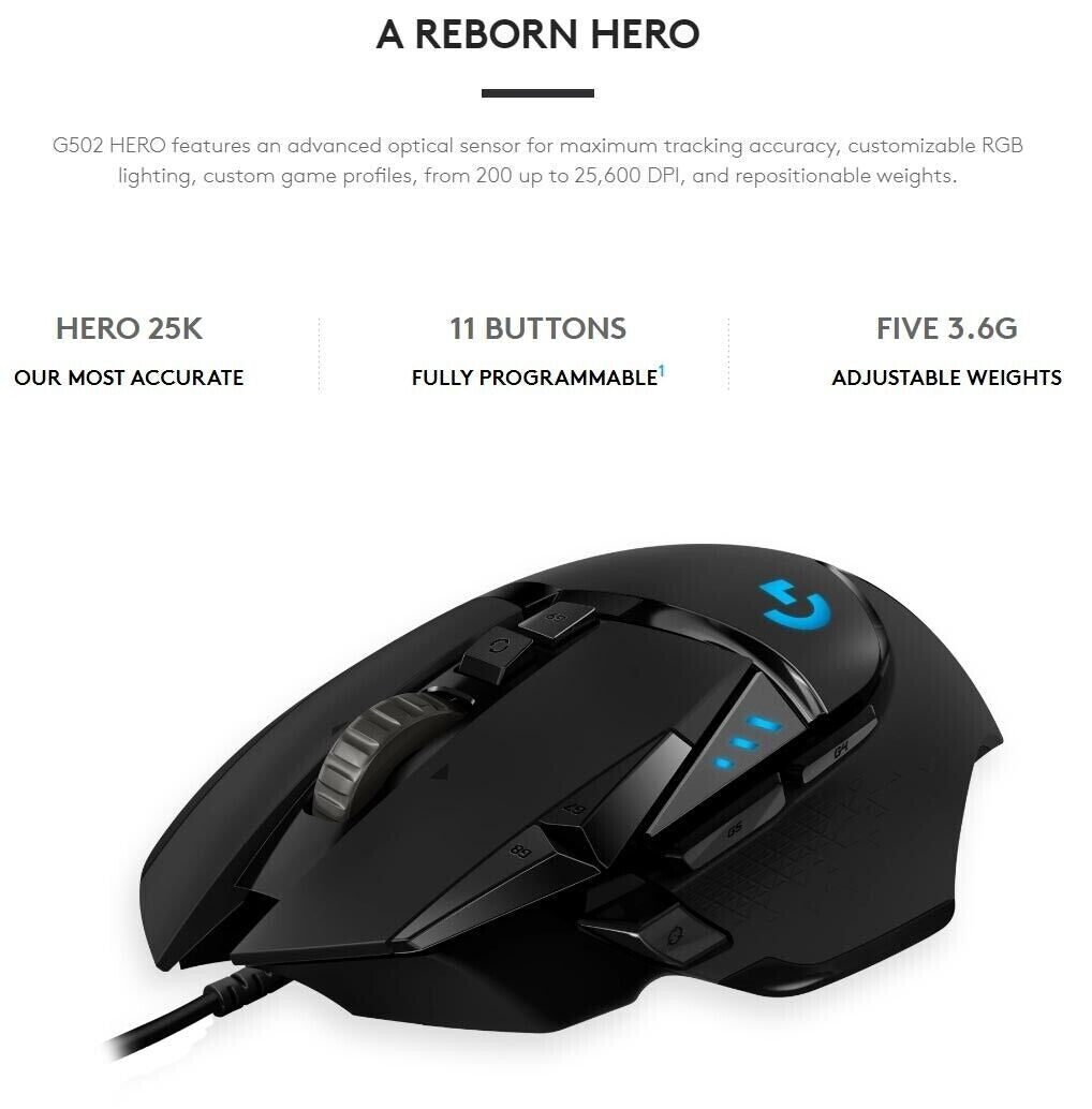 Logitech G502 HERO High Performance Wired Gaming Mouse, HERO 25K Sensor, 25,600