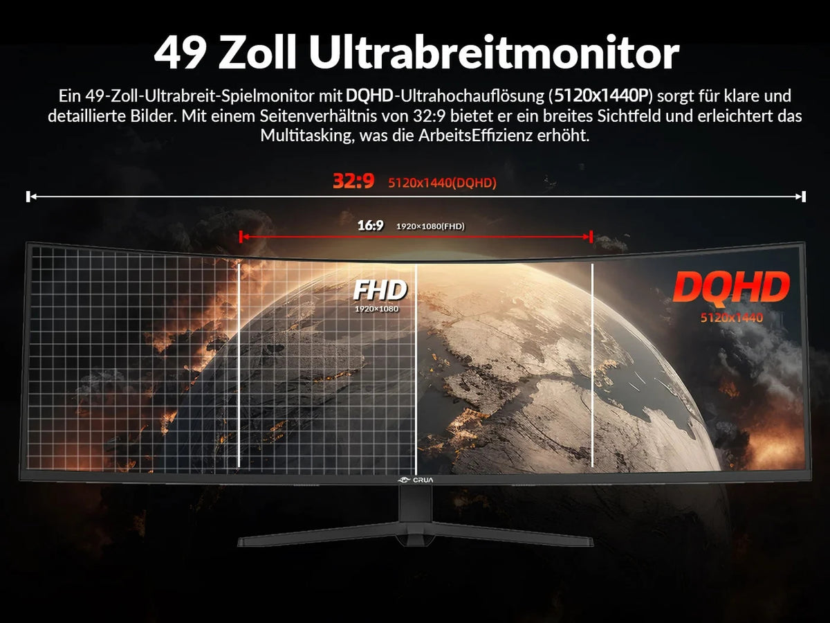 CRUA 49" Curved Ultrawide Gaming Monitor | DQHD 5120x1440 | 165Hz | 32:9 HDR10
