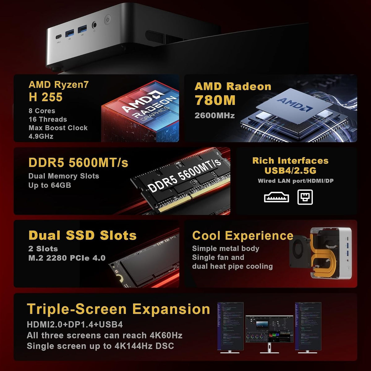 FIREBAT F1P Mini PC AMD Ryzen 7 H 255 16GB DDR5 512GB NVMe SSD Radeon 780M Win11