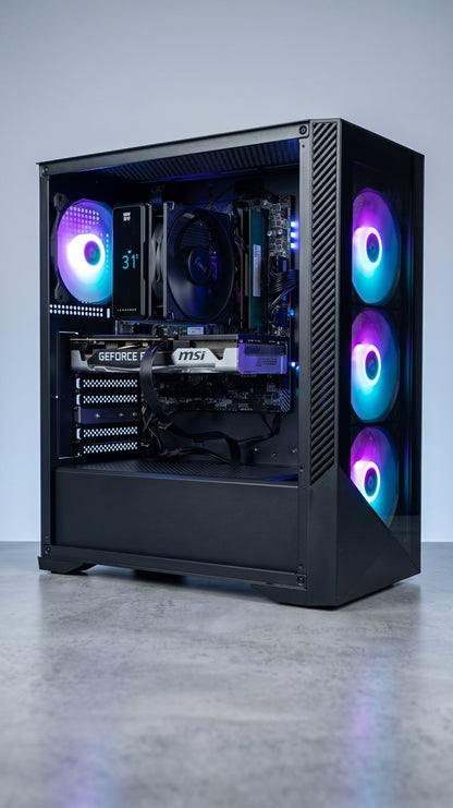 Gaming PC side panel open showing MSI GeForce RTX GPU and Thermalright cooler