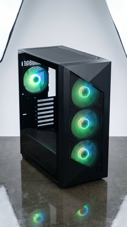 Internal view showing MSI GeForce RTX GPU and Thermalright cooler with purple RGB
