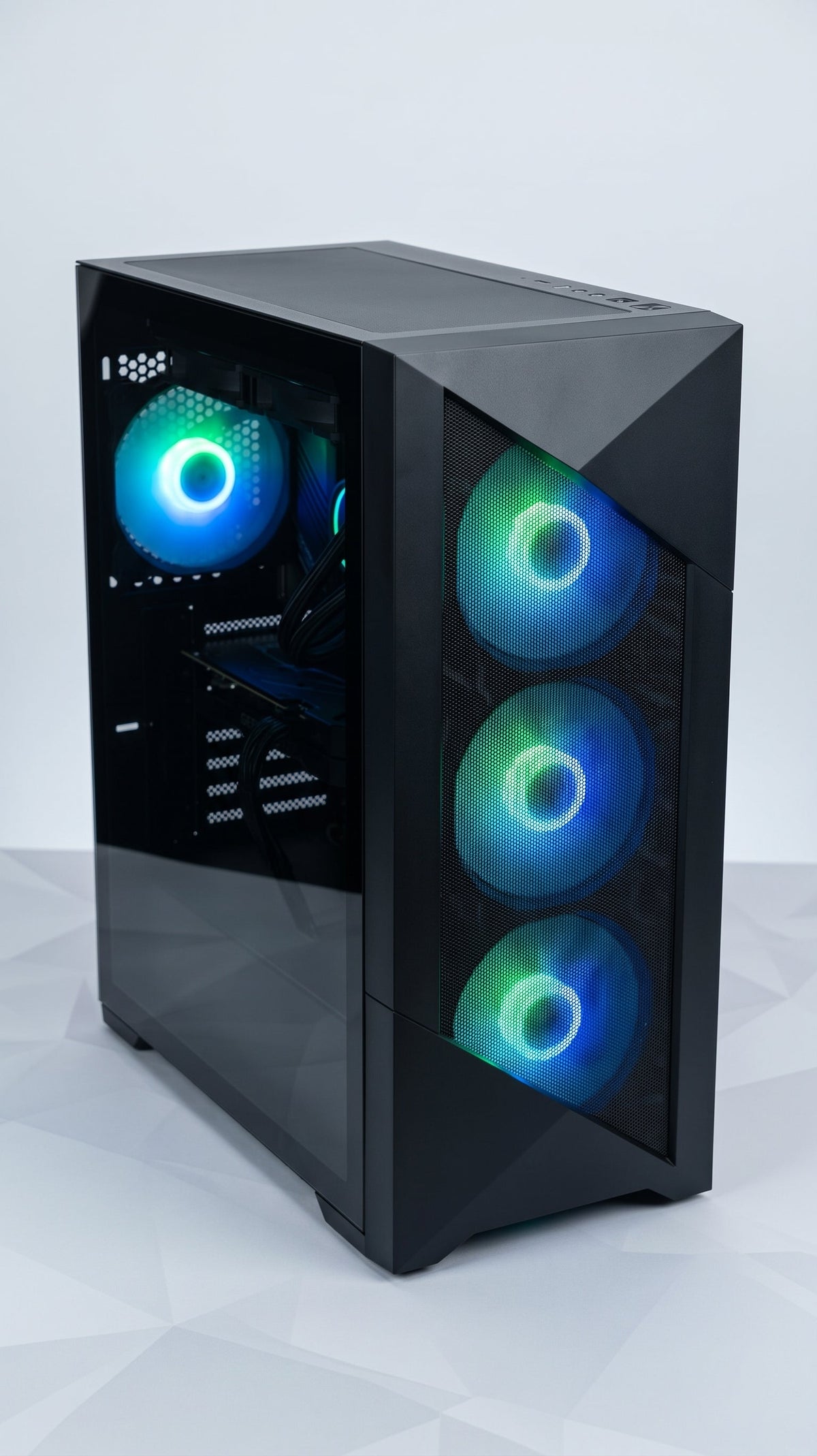 Internal close-up showing MSI GeForce RTX GPU and Thermalright cooler with blue RGB