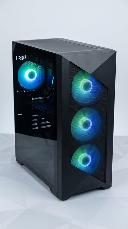 Internal close-up showing MSI GeForce RTX GPU and Thermalright cooler with blue RGB