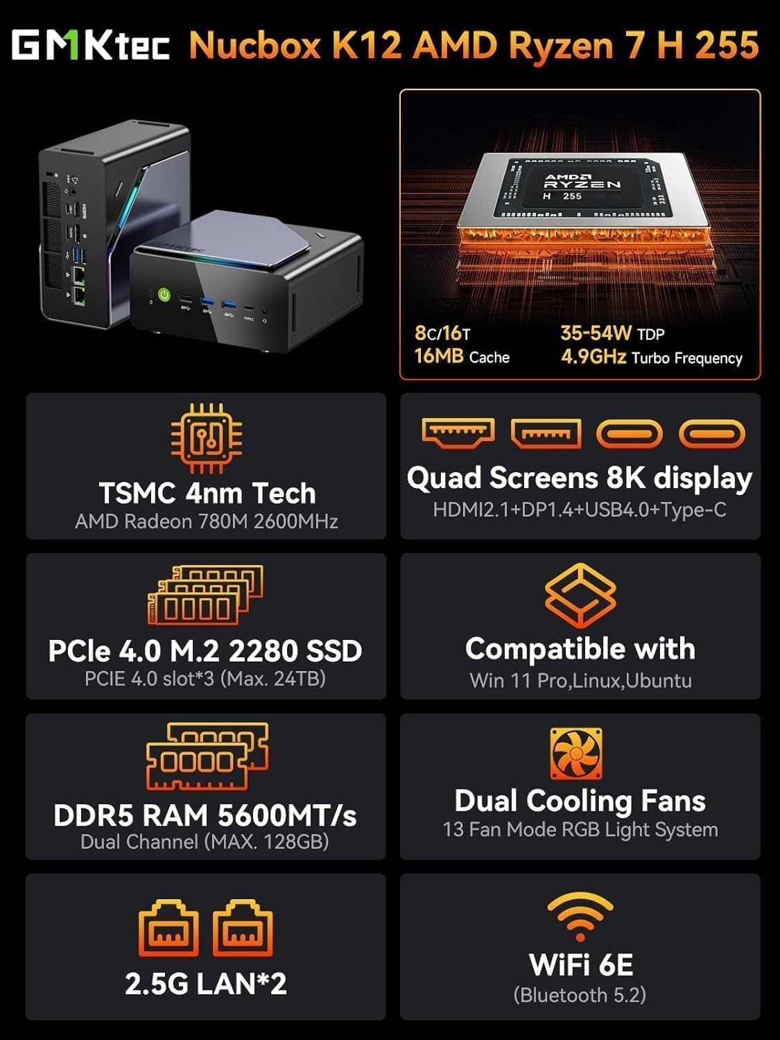 GMKtec NucBox K12 Gaming Mini PC | AMD Ryzen 7 8745HS | 32GB DDR5 | 1TB NVMe | OcuLink | Win 11 Pro
