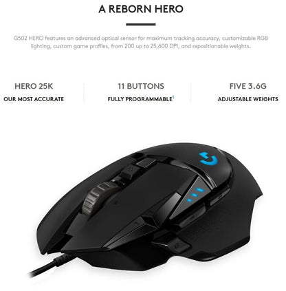 Logitech G502 HERO High Performance Wired Gaming Mouse, HERO 25K Sensor, 25,600