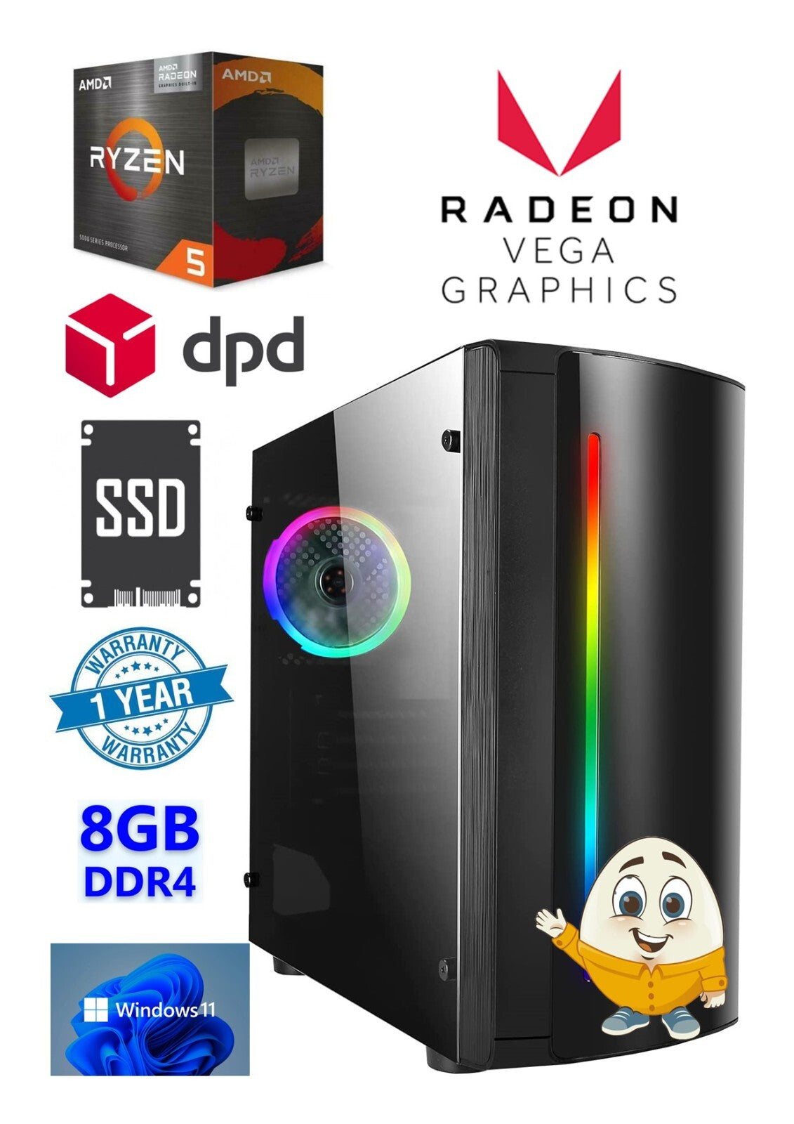 EGGY PC RGB Gaming Ryzen 5 5600G 4.40Ghz 8GB DDR4 RAM 240GB SSD Radeon 7 Win 11