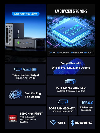 GMKtec M6 Ultra Mini PC | AMD Ryzen 5 6600H | 32GB DDR5 | 512GB NVMe | Win 11 Pro