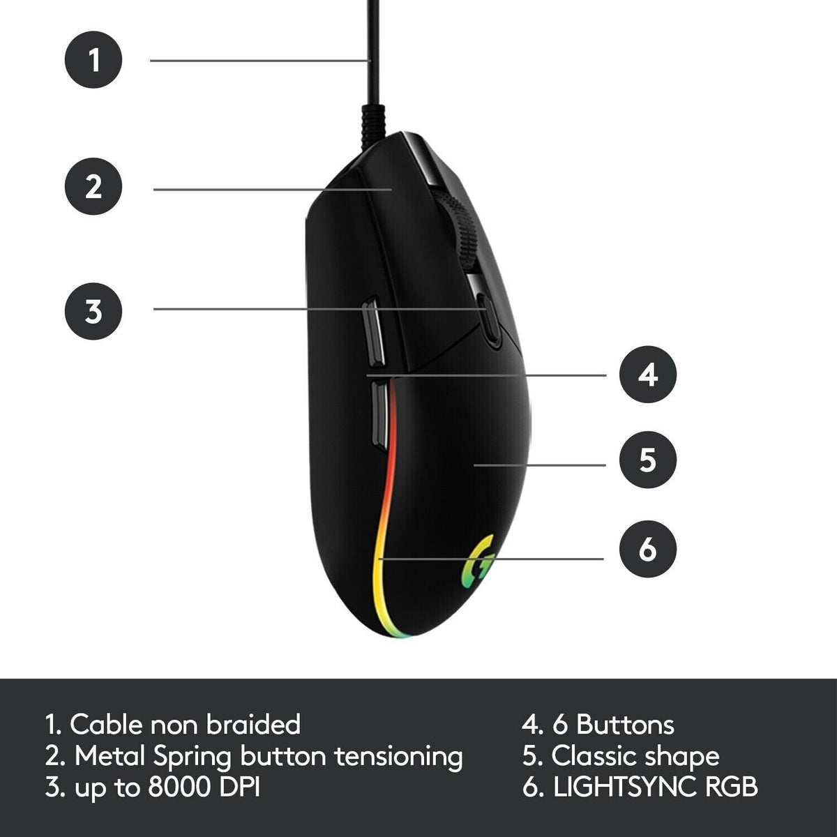 Logitech G203 LIGHTSYNC RGB Gaming Mouse | Wired | 8000 DPI | 6 Button | Black
